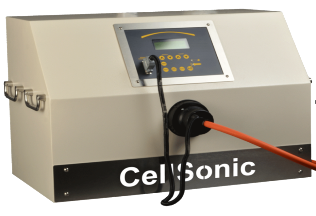 Cell sonic machine with attached head connected with orange wire on a white background