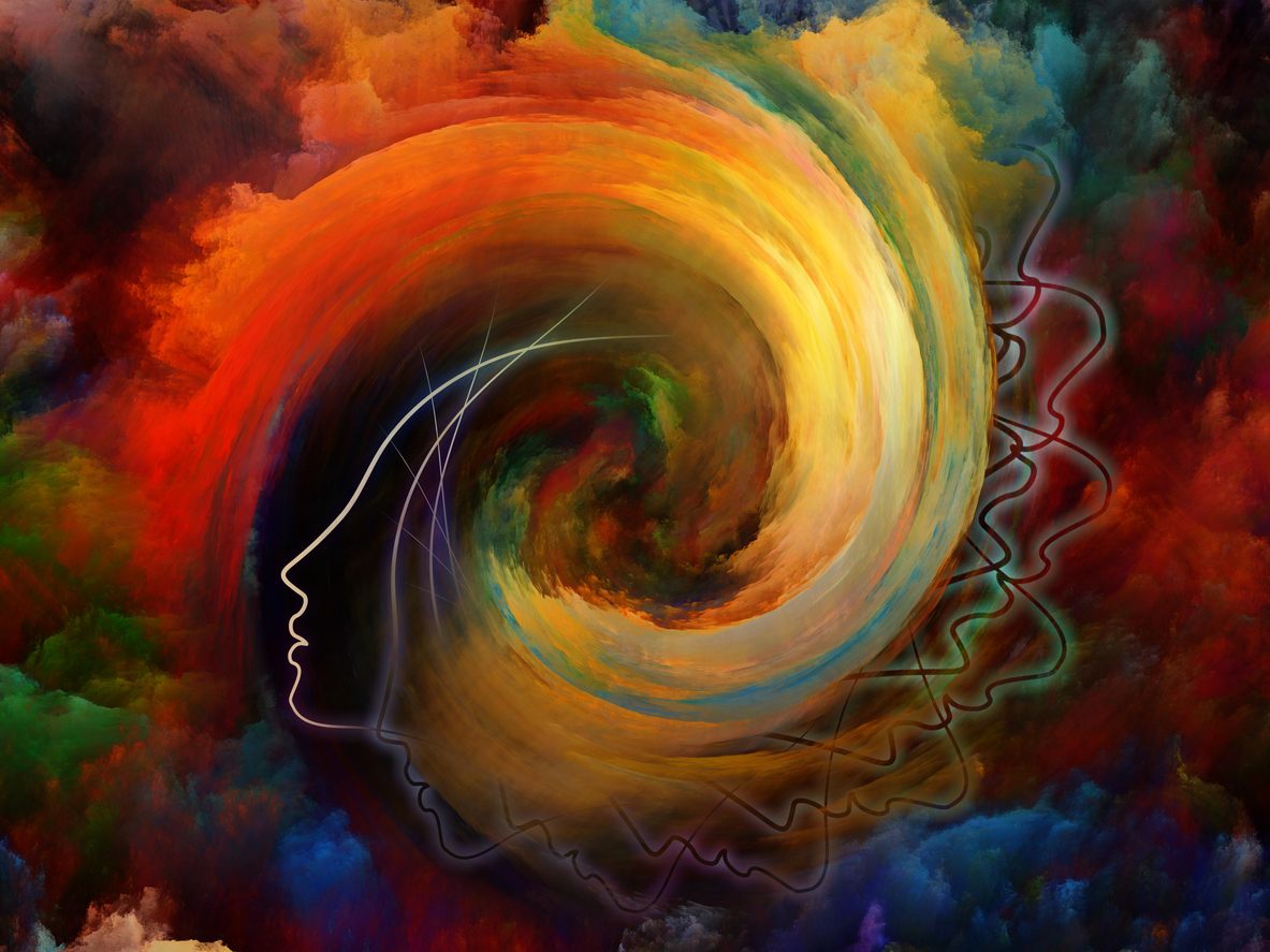 Image with various colors all blending in red black yellow green in a color swirl moving towards a face of a female that is outlines in a profile facing left
