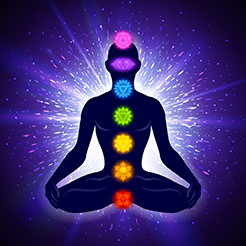 Illustration of a human sitting in a meditative position with all the chakras lit up from bottom to top red orange yellow green blue purple and pink on a purple background with a white light coming from the middle