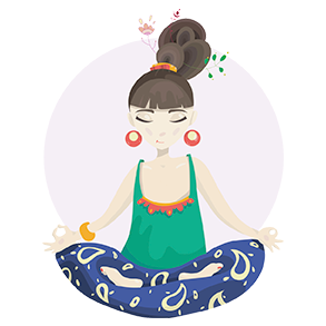 Illustration of a girl sitting with legs crossed and hands on the knees meditating wearing a green tank top red necklace and blue yellow pants on a purple and white background
