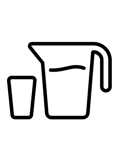 Icon of a water jug and glass outlines in a this black line on a white background