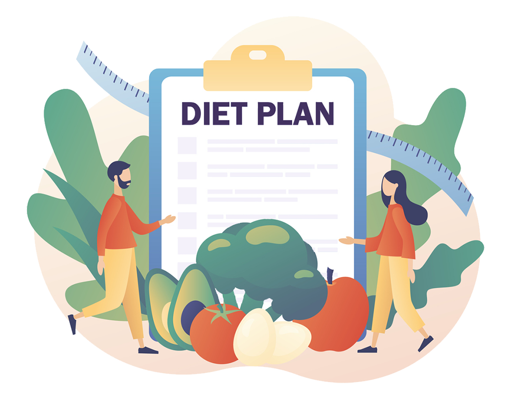 Illustration with a clip board that reads diet plan on the top avocado broccoli apple tomato on the bottom with a tape measure running from top left to bottom right and a man on the right and woman on the left