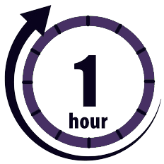 Clock showing 1 hour in a purple circle
