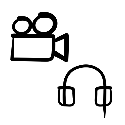 Black video camera icon and black headphones icon representing sound on a white background